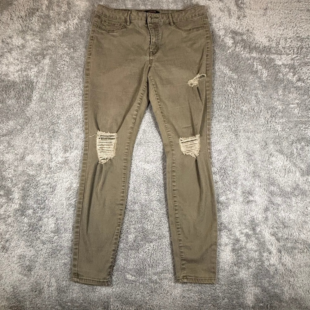 Refuge Charlotte Skinny Jeans Olive Green Distressed Ripped Denim Womens 12